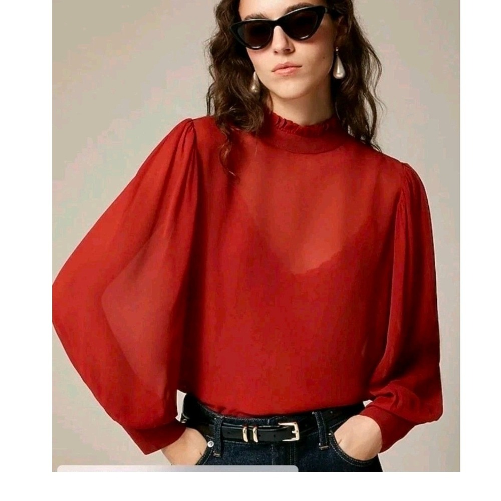 J.Crew Sheer Ruffle Neck Blouse with Lace Trim Camisole Berry Sangria Red Sz XXS